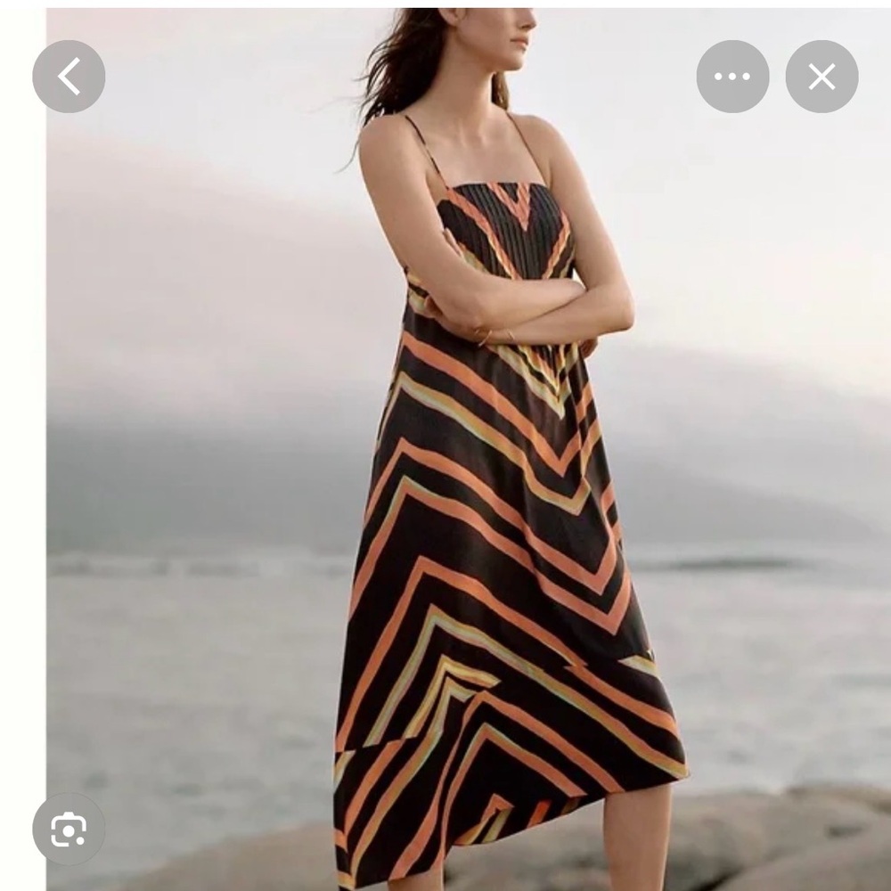 Anthropologie Black Striped Midi Dress with Red, Orange, Yellow & Green Accents